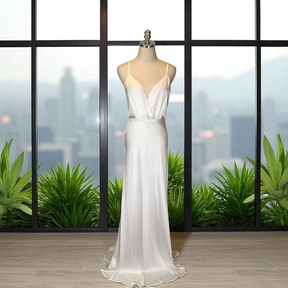 NWT Ramy Brook $595 Vick V-Neck Satin Gown Ivory Size 6 – Drained V-Neck, Open B - Picture 2 of 12